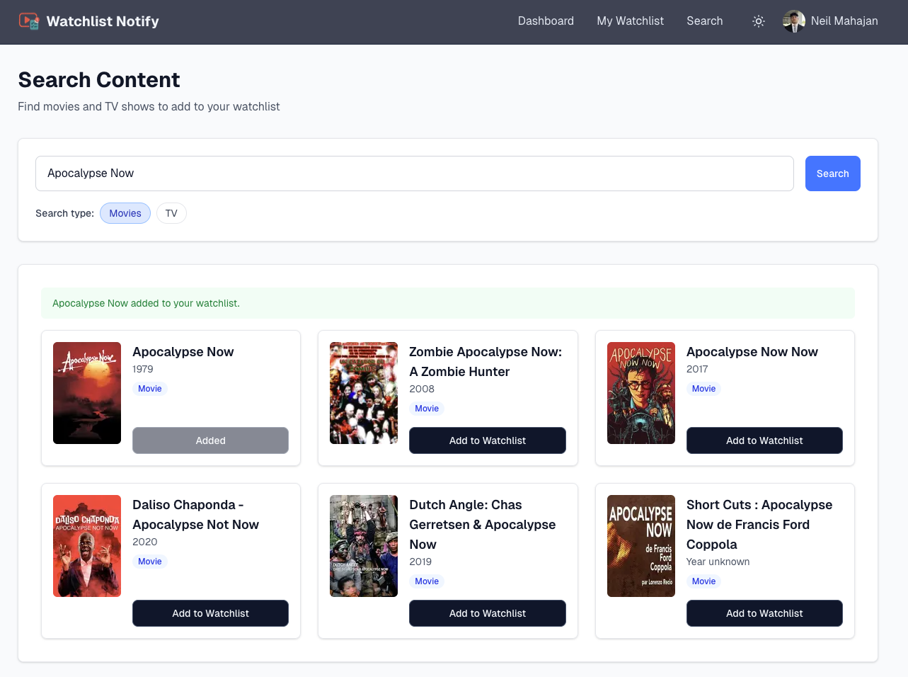 Watchlist Notify - Search Page